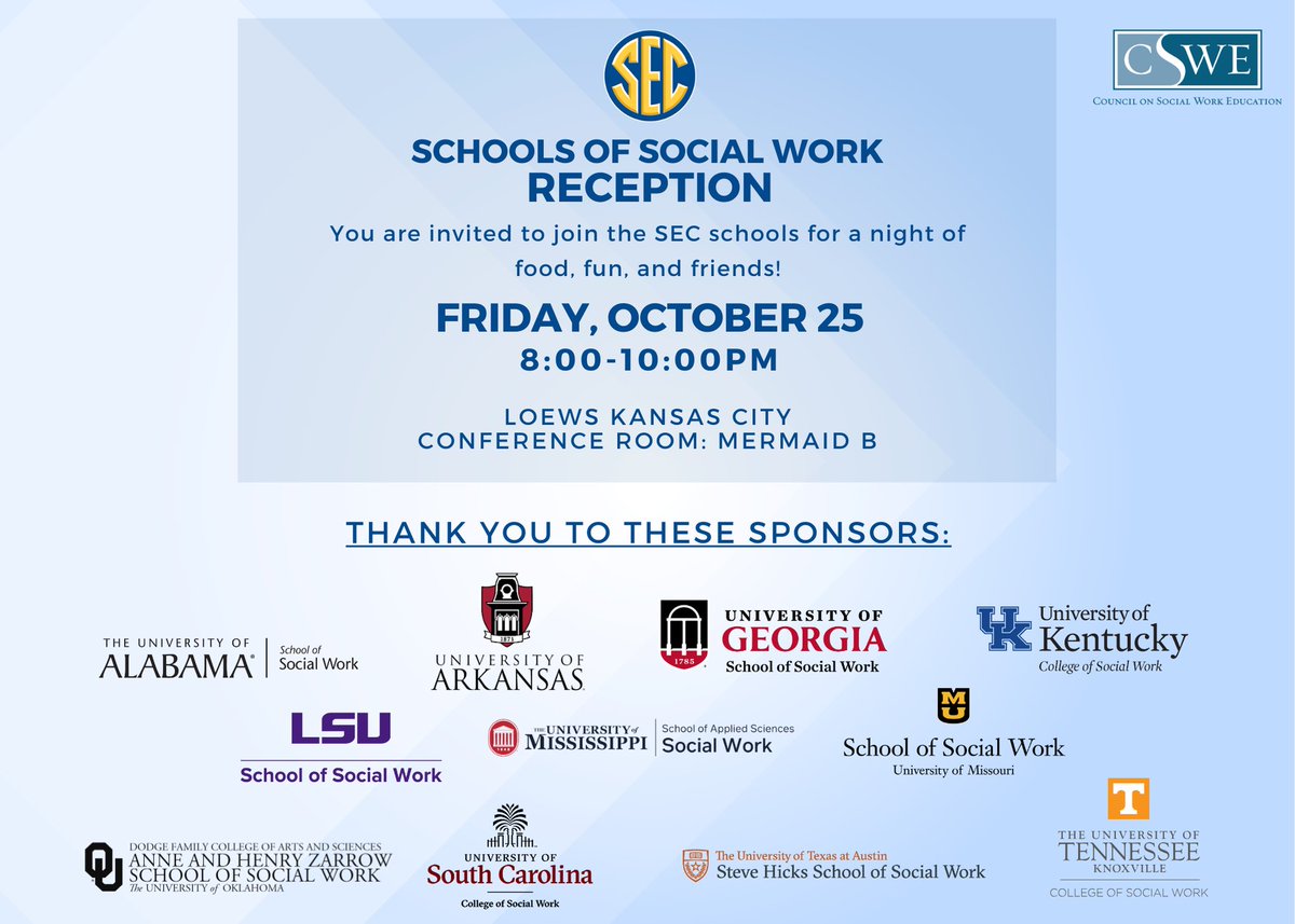 uofsccosw's tweet photo. The @SEC rocks! 🎇 Come check out our @UofSC  table tomorrow night at the @CSocialWorkEd  SEC social and meet our faculty and staff!  @UGASocialWork  @UA_SocialWork  @ukcosw @uarkfulbright @LSUSSW  @UMissSW @ouswk @TexasSteveHicks @utkcsw  @mizzouhealthsci #socialworkrocks https://t.co/I8fag43VgP