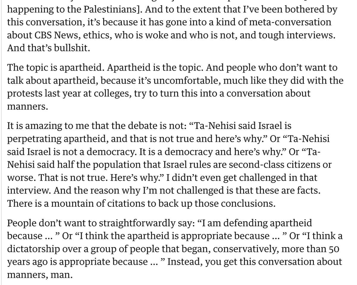 oliviastowell's tweet image. Ta-Nehisi Coates: Turning the conversation about Palestine into a question of "manners" or "tough interviews" is "bullshit" because "The topic is apartheid. Apartheid is the topic."