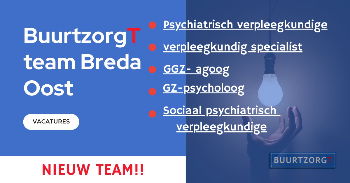 In ons nieuw te starten BuurtzorgT team Breda Oost zoeken we vanaf begin 2025 nieuwe collega’s!

Heb je zin om samen ons team BuurtzorgT Breda Oost op te zetten om goede SGGZ zorg te gaan leveren? Solliciteer dan snel!
#SGGZ #Ambulant #Behandeling #Vacature