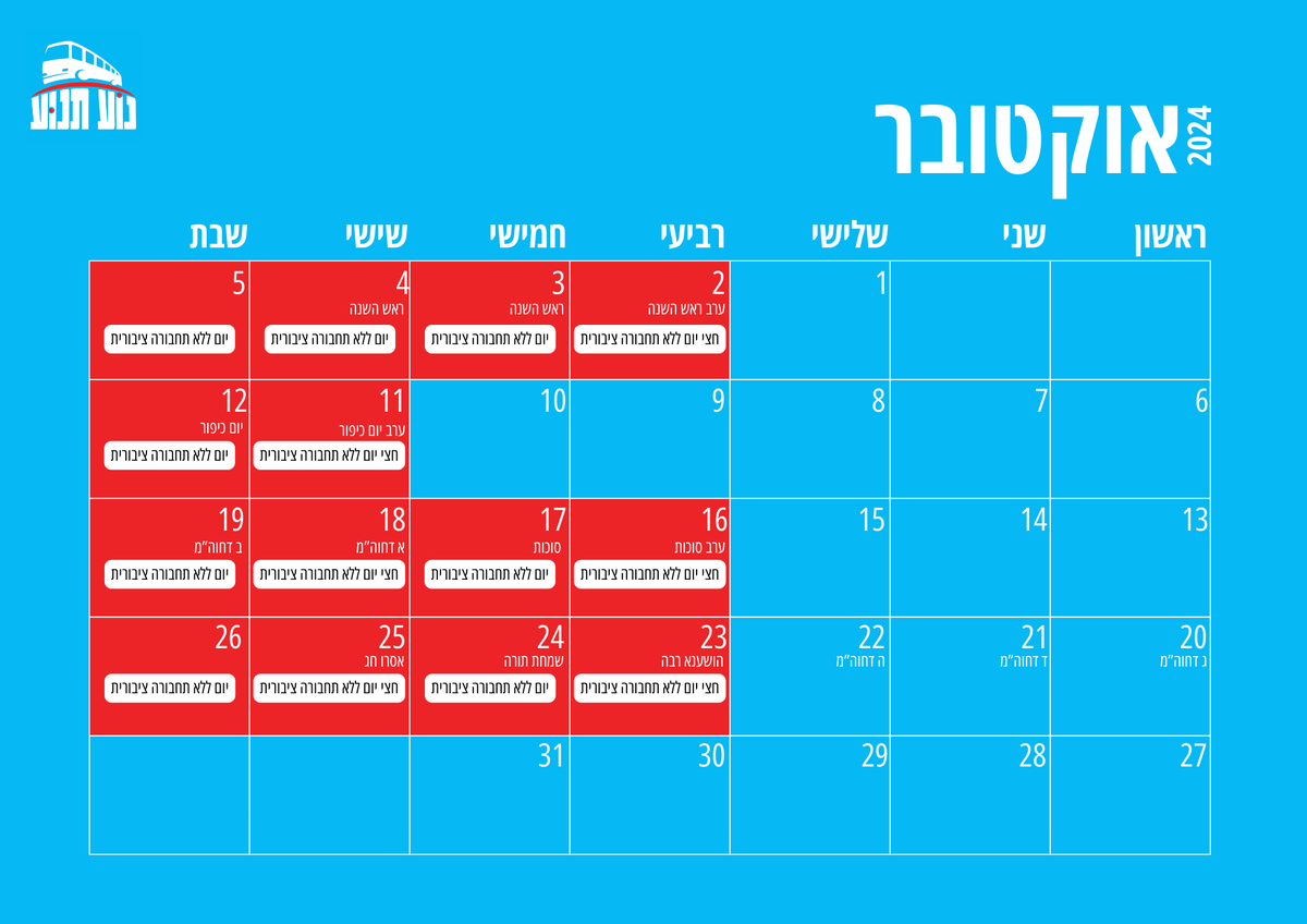 ב-14 מ-26 ימים רצופים באוקטובר השנה התחבורה הציבורית בישראל מושבתת לפחות חלק מהיום. שבועיים שהחלשים ביותר לא יצאו מהבית, לא ביקרו משפחה ולא ניצלו כפי שרצו את החופש שלהם. שבועיים שבגללם רבים, היכולים להרשות לעצמם, מחזיקים רכב 365 ימים בשנה, גם אם היו מעדיפים תחבורה ציבורית.
1/4