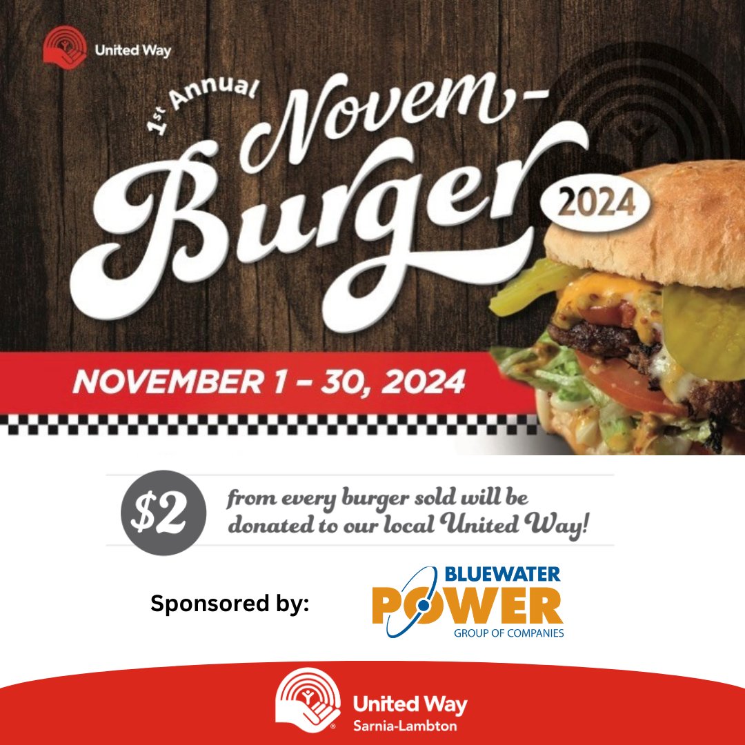 The United Way of Sarnia-Lambton is happy to announce that “Novemburger” is taking place for the first time from November 1st – 30th !
 
14 restaurants (15 locations) across Sarnia-Lambton will be creating their own “United Way Burger”
 
Thank you!
 
#UnitedWaySarLam #Novemburger