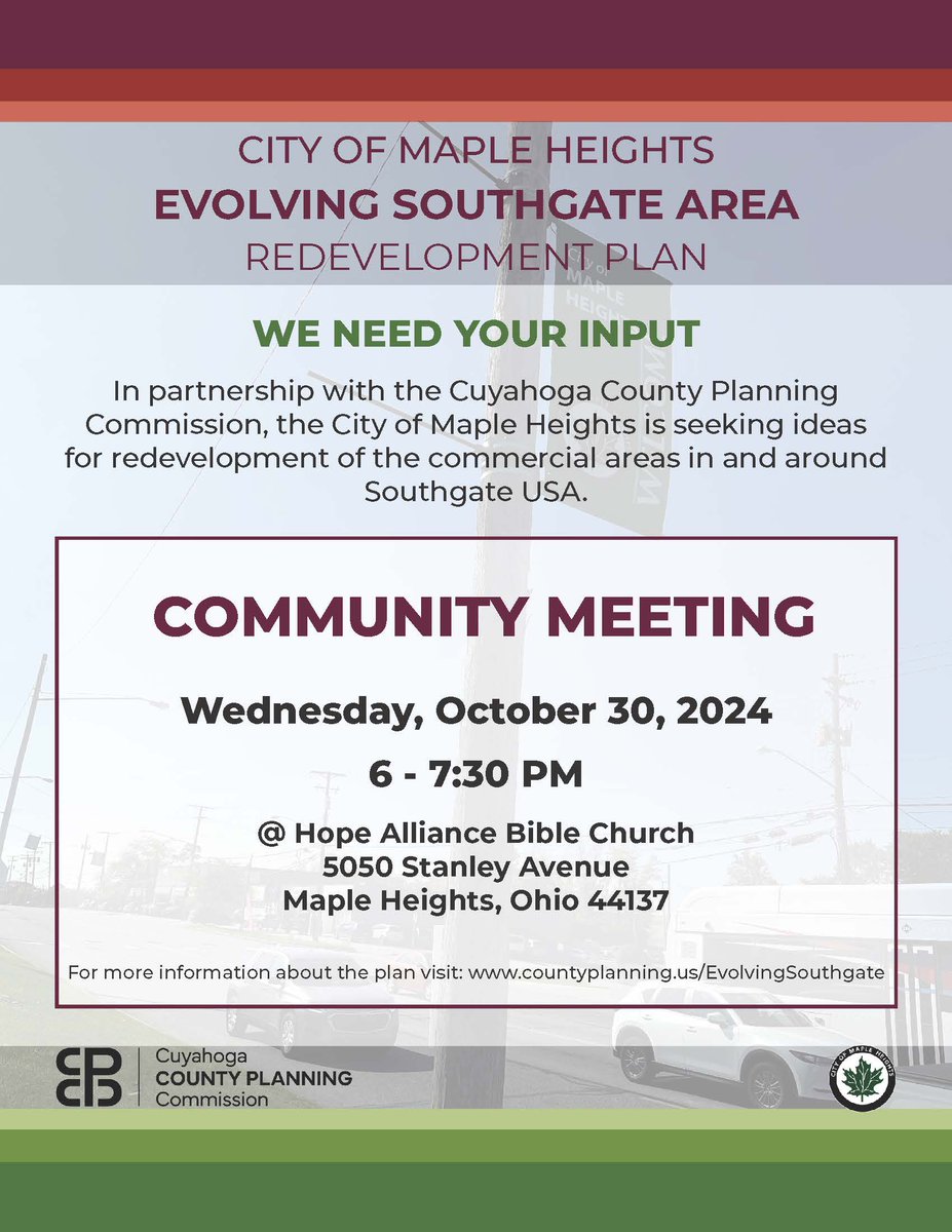 Please join <a href="/citymaplehts/">City of Maple Heights</a> and us for a community meeting to discuss the future of  the commercial areas in and around Southgate.

More info at countyplanning.us/EvolvingSouthg…