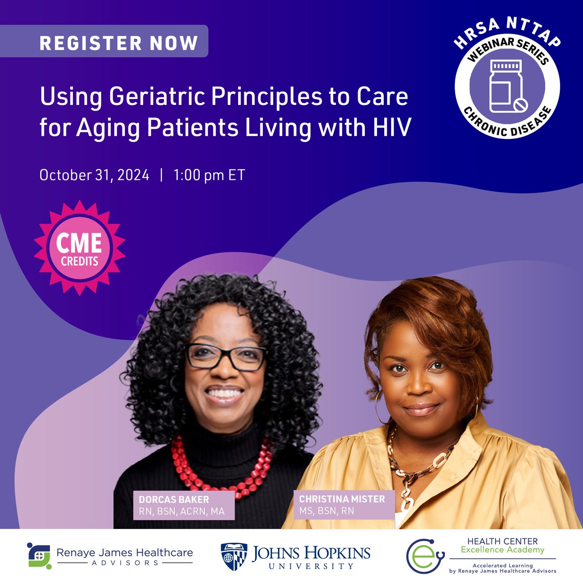 RenayeJames's tweet photo. Join us next Thursday, October 31 at 1 pm ET for an #HRSA #NTTAP #ChronicDisease #webinar: Using Geriatric Principles to Care for #AgingPatients Living with #HIV. This training benefits #healthcenters that participate in the #RyanWhiteProgram. #CME @aafp  https://t.co/2UTLYAyI91 https://t.co/ywxtobkvjD