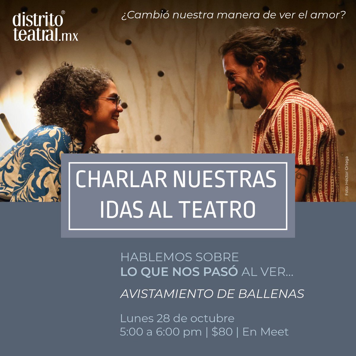 Te invitamos a #CharlarNuestrasIdasAlTeatro. Empezamos este lunes 28 de octubre a las 5pm para compartir nuestra experiencia a partir de ver Avistamiento de Ballenas

Inscríbete aquí: bit.ly/CharlarNuestra…