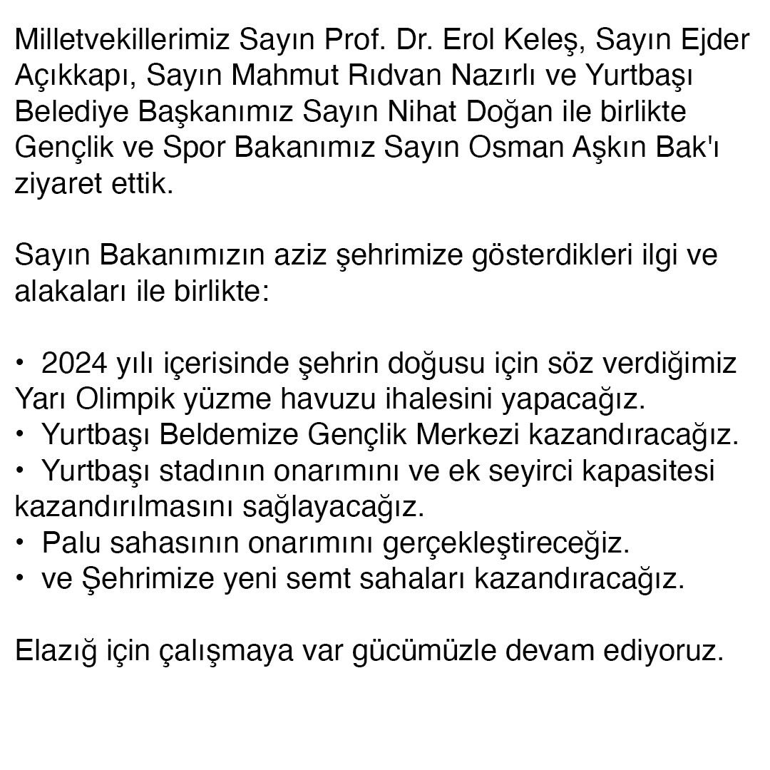 akpartielazigmv's tweet photo. 📍Gençlik ve Spor Bakanlığı

Sayın Bakanımız Osman Aşkın Bak'a aziz şehrimize yönelik ilgi ve alakalarından dolayı hemşehrilerimiz adına teşekkür ediyoruz. https://t.co/CeXlAsVqGO