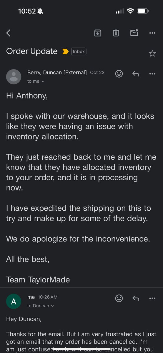 AnthonyPasion14's tweet photo. @TaylorMadeGolf Why did my order get randomly cancelled after saying my order was allocated and was in process of shipping? Pretty upsetting! https://t.co/d8IlIZbs1o