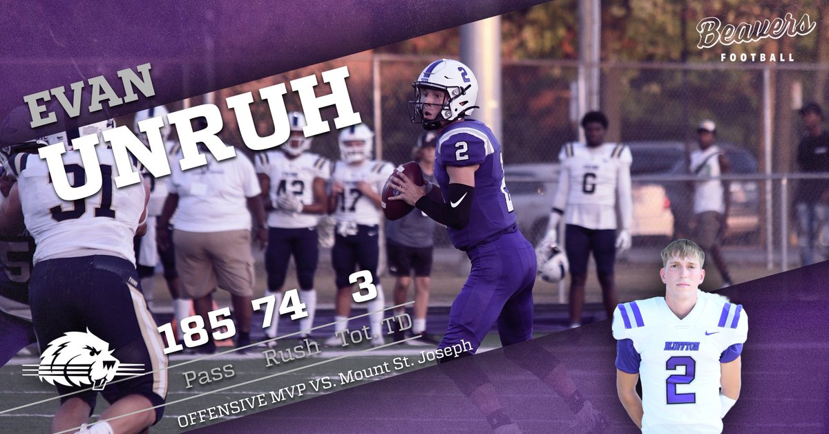 BlufftonFB's tweet photo. Congrats to this weeks Offensive MVP vs. MSJ.  Evan threw for 185 yards and a TD and added 74 yards and two TDs on the ground.  #BTD24Seven https://t.co/glGeapiK4p