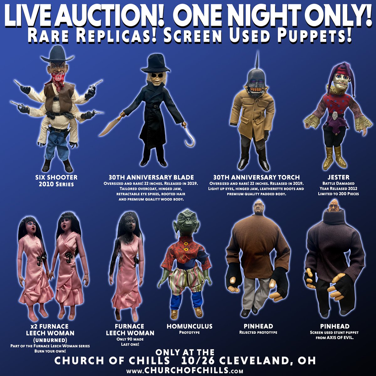 fullmoonhorror's tweet photo. ONE NIGHT ONLY! The #FullMoon "Live Auction" happens this Saturday night, only at the #ChurchofChills! Here's your shot to snag some seriously cool RARE #replicas and authentic #screenused #puppets! Go to https://t.co/lTOGSMZUx8 for ticket info! @RealCharlesBand https://t.co/wZUuWLyYFU