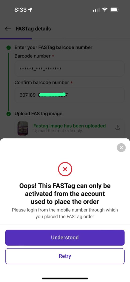 motorcyclewalaa's tweet photo. @parkplus_io Ordered fastag, and now while activating it says it can only be activated from the account used to place the order. Raised the issue over email also, but no solution, still can't activate it. https://t.co/R5RCCZphNy