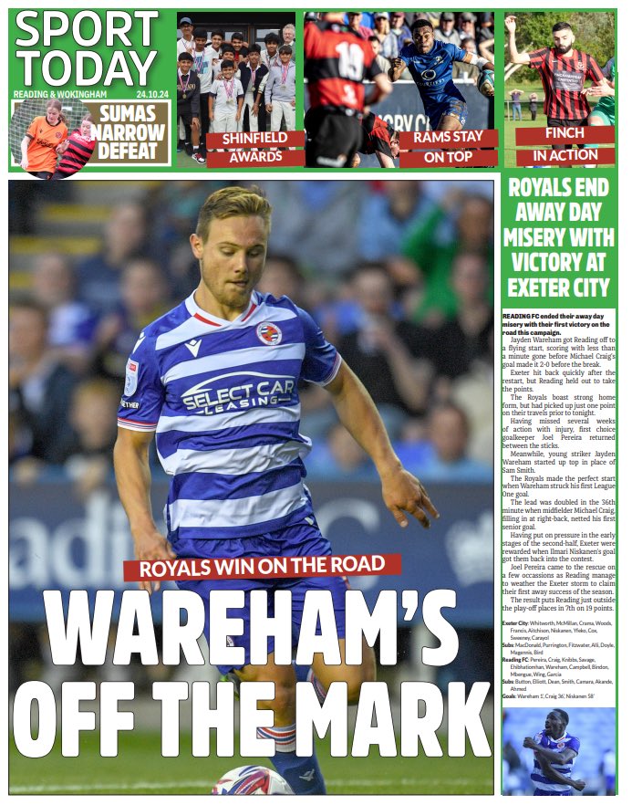 Sport.Today (@wokinghamsport) on Twitter photo OUT TOMORROW!
๐ฏ <a href="/JaydenWareham/">Jayden Wareham</a> nets first Royals league goal
๐ Back to back wins for Rubenโs Royals
๐ <a href="/Rams_RFC/">Rams RFC</a> stay top
๐ <a href="/cc_shinfield/">Shinfield Cricket Club</a> celebrate awards
โฝ๏ธ <a href="/ReadingXLFC/">ReadingXLFC</a> reach milestone target
#TomorrowsPapersToday #rdguk OUT TOMORROW!
๐ฏ <a href="/JaydenWareham/">Jayden Wareham</a> nets first Royals league goal
๐ Back to back wins for Rubenโs Royals
๐ <a href="/Rams_RFC/">Rams RFC</a> stay top
๐ <a href="/cc_shinfield/">Shinfield Cricket Club</a> celebrate awards
โฝ๏ธ <a href="/ReadingXLFC/">ReadingXLFC</a> reach milestone target
#TomorrowsPapersToday #rdguk