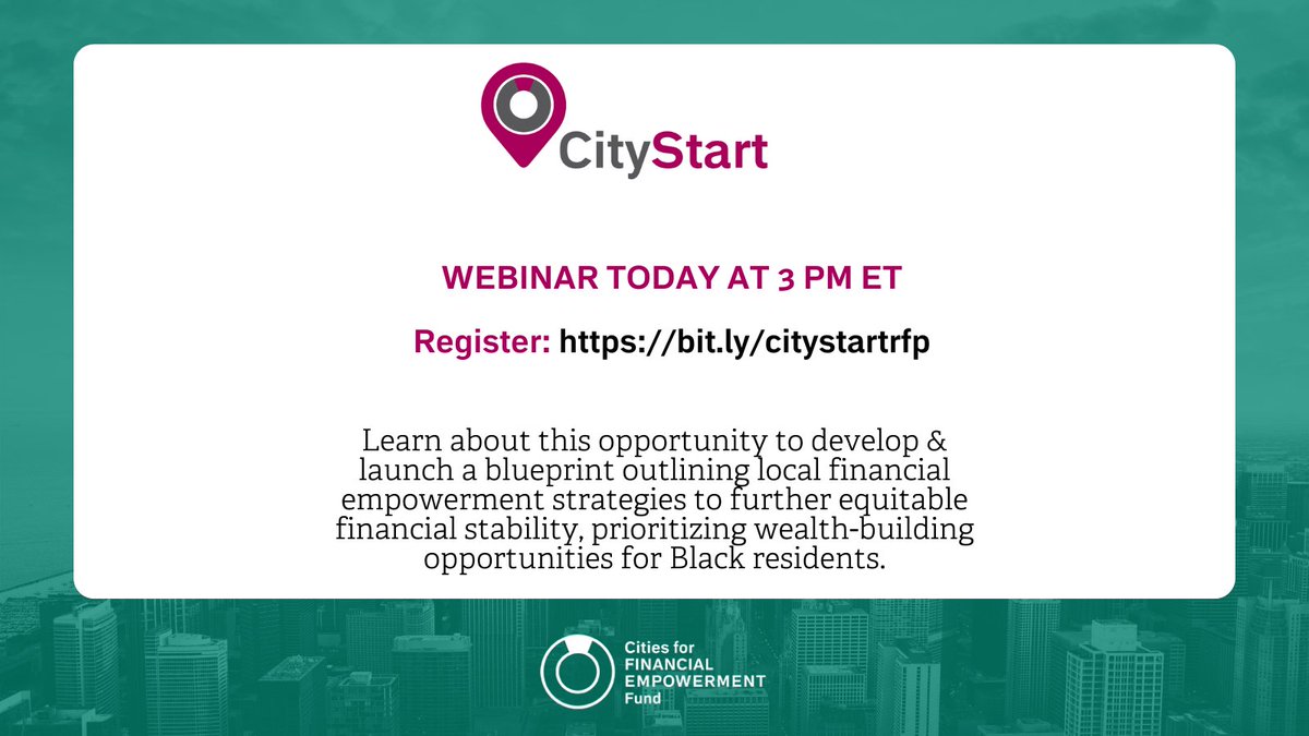 WEBINAR TODAY: Join us at 3 PM ET to learn about our next #CityStart grant, which helps local governments develop a municipal financial empowerment blueprint with a focus on wealth-building opportunities for Black residents. Register now: bit.ly/citystartrfp