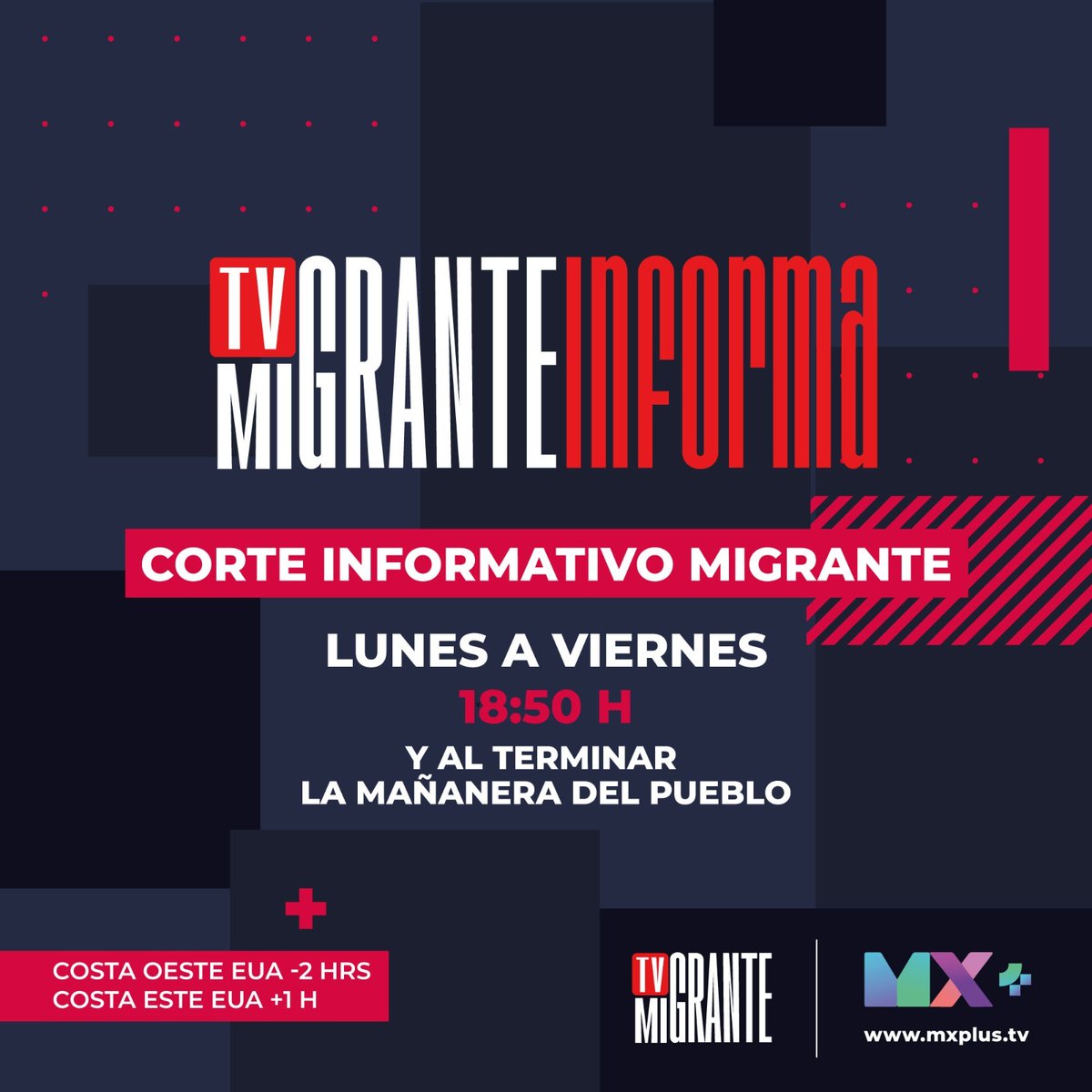 SPRMexico's tweet photo. Encuentra las últimas noticias en materia migratoria de México y el mundo, en el #CorteInformativoMigrante de #TvMigrante. 📰

¡De lunes a viernes en punto de las ⏰ 18:50hrs!

En📺@TvMigrante por la #App📲de @MxPlusTV👉https://t.co/4LfRc0AHSp 

#UnidosPorLasAudiencias https://t.co/OH4iMZuE53