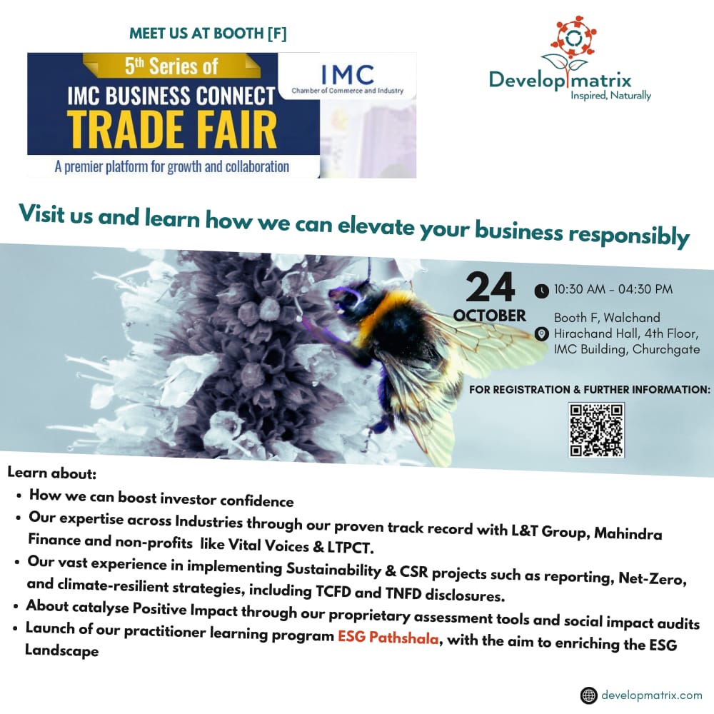 developmatrix's tweet photo. 🚀 Join us at Booth F Oct 24 @ IMC Business Trade Connect Fair! Discover how Developmatrix integrates ESG &amp; CSR practices. 🌍
🗓 Oct 24, 2024
📍 IMC Building, Churchgate
⏰ 10:30 AM - 04:30 PM

🔗 Register here: https://t.co/h8Aa4FIwNI

#ESG #CSR #Sustainability #futureproofing https://t.co/EPdMNH0bC4