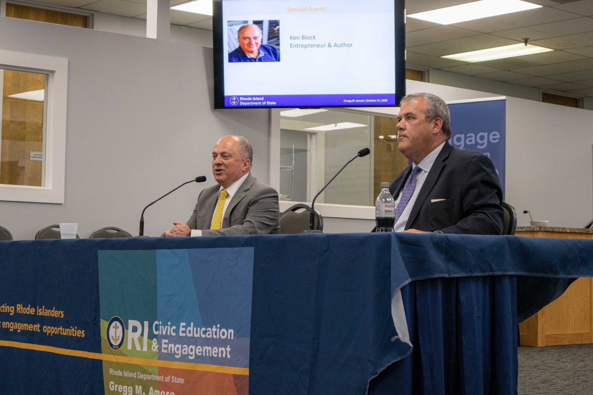 RISecState's tweet photo. We were lucky to have Secretary Bellows @MESecOfState and author @KenBlockRI  at this month's Rhode Island Civic Leadership Program meeting. Thank you for engaging with our student leaders and thank you to the @RI_BOE  for hosting! https://t.co/de7nP9QEK9