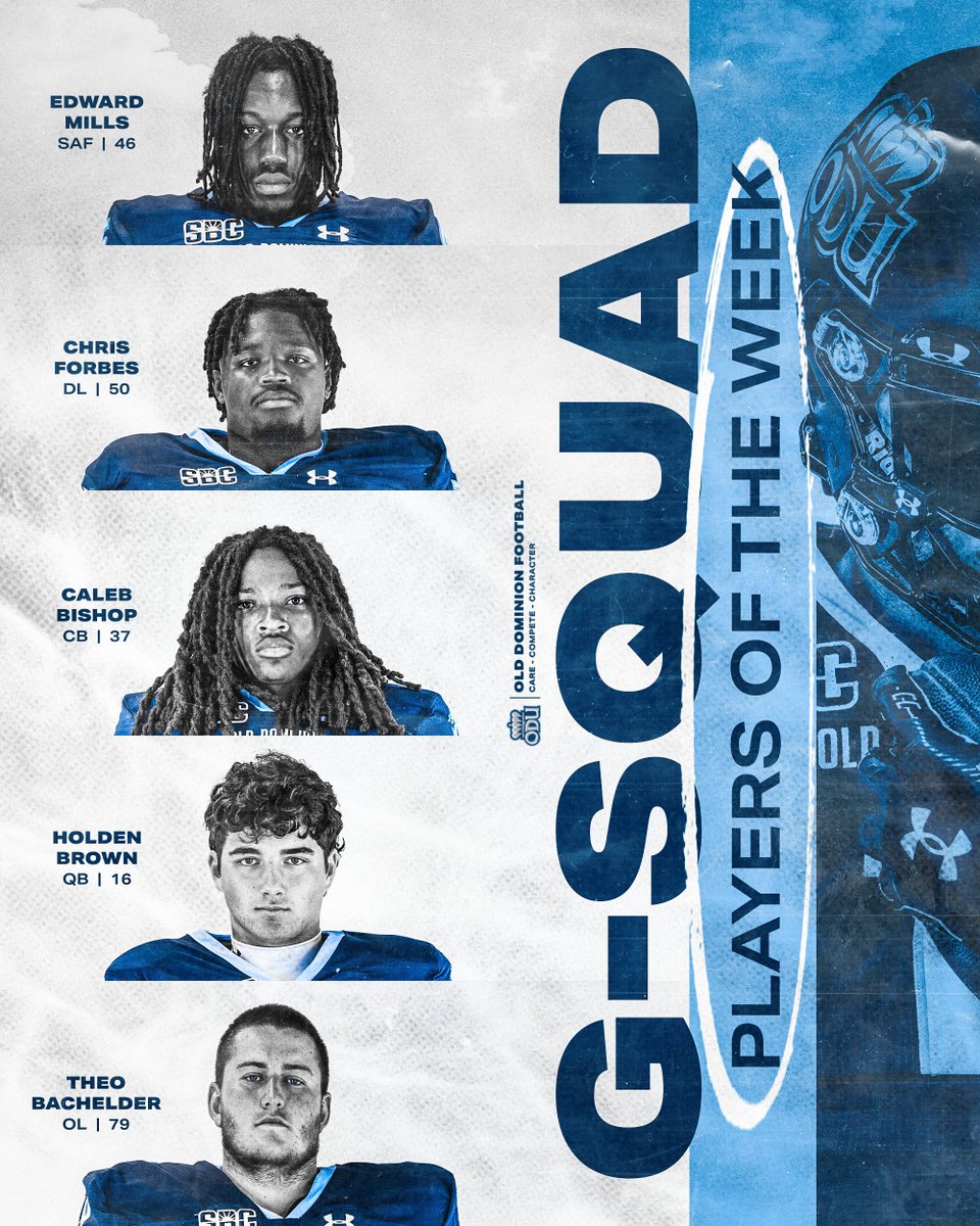 ODU Football (@odufootball) on Twitter photo G-SQUAD POTWโผ๏ธ
DEF: <a href="/Edward_mills1/">Edward Mills๐ฌ๐ญ๐</a> & @ballerchris_56
SPEC: <a href="/CalebBishop_3/">Caleb Bishop</a>
OFF: <a href="/HoldenBrownQB/">Holden Brown</a> & <a href="/TheoBachelder99/">Theo Bachelder</a>
#ReignOn | #RFG G-SQUAD POTWโผ๏ธ
DEF: <a href="/Edward_mills1/">Edward Mills๐ฌ๐ญ๐</a> & @ballerchris_56
SPEC: <a href="/CalebBishop_3/">Caleb Bishop</a>
OFF: <a href="/HoldenBrownQB/">Holden Brown</a> & <a href="/TheoBachelder99/">Theo Bachelder</a>
#ReignOn | #RFG