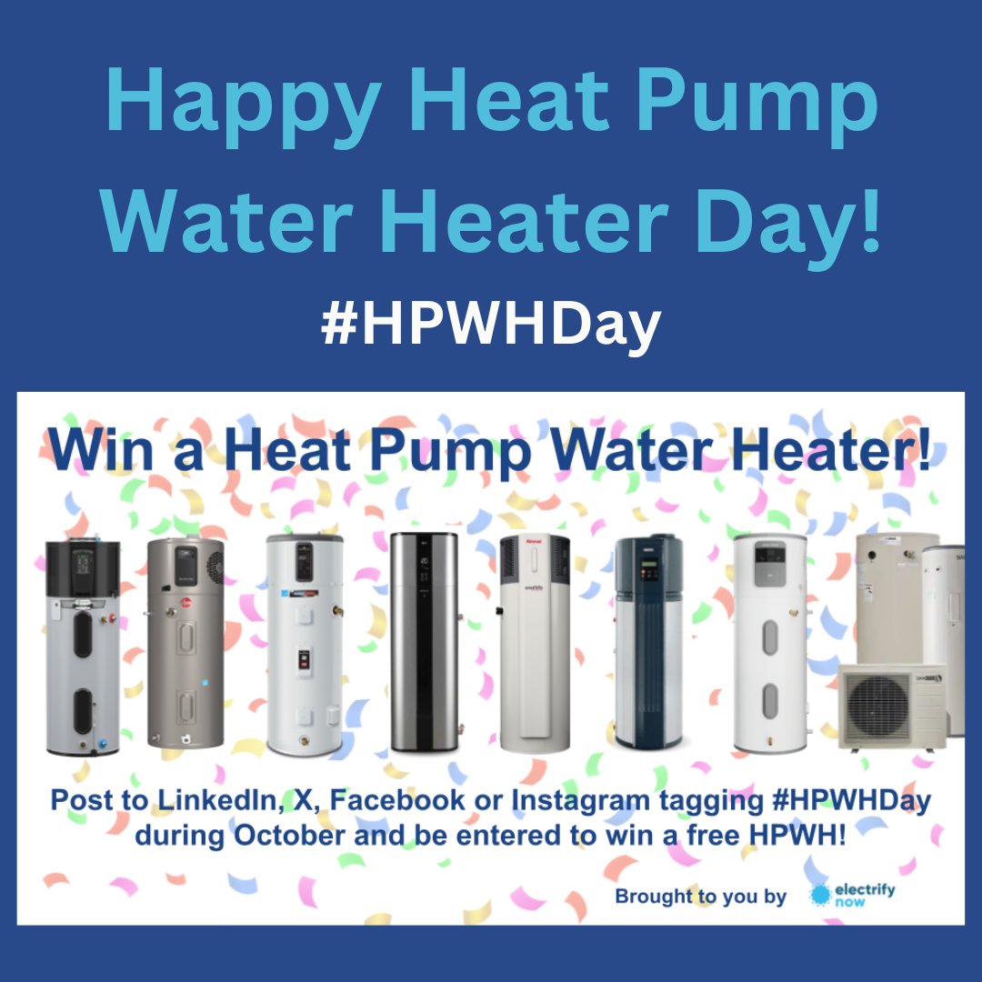 Over 25M water heating systems will need to be replaced in the next 5 years -  Energy Star-certified heat pump water heaters cut energy consumption and reduce utility bills! Want a free heat pump from @electrify_now? Tag #HPWHDay in a social post before 4:30pm PT today to enter!
