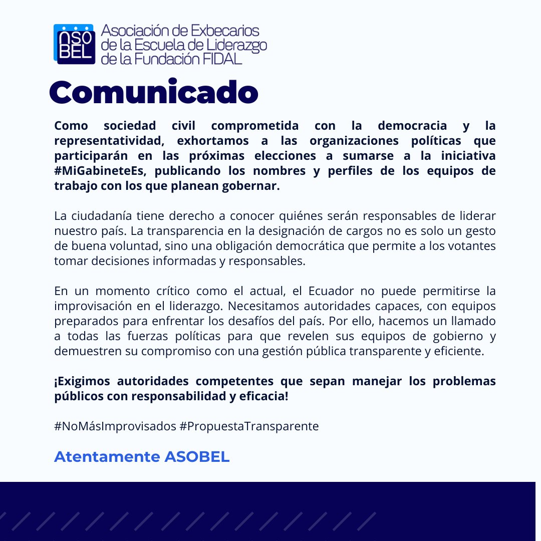La transparencia construye confianza. 🗳️🤝

Exigimos que las organizaciones políticas presenten a sus equipos de trabajo. El Ecuador necesita líderes preparados, no más improvisados. ¡Es momento de conocer quiénes estarán a cargo del futuro del país
#MiGabineteEs