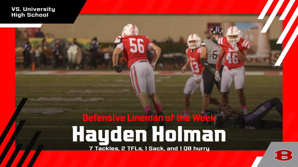 Congratulations to Hayden Holman on being named Defensive Lineman of the week against the Trojans! The Senior had a solid outing on the defensive line on Friday night. Hayden recorded 7 tackles, 2 TFL's, 1 sack, and 1 QB hurry! #BTR