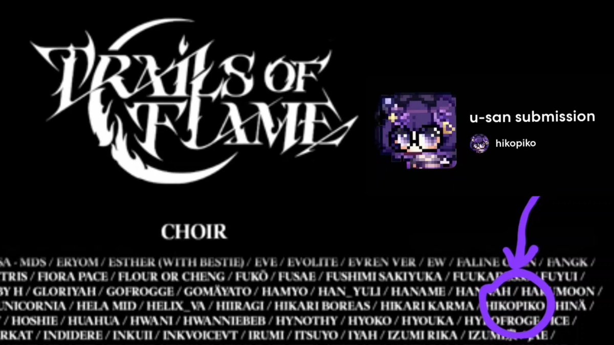 hikopikooo's tweet photo. I'M SO LATE TO FIND OUT ABOUT THIS!! but i was part of the choir for U-san's #Trailsofflame song project! always happy to support you wherever you go U-san..! 😭💙 https://t.co/xp0XiJUJCf
