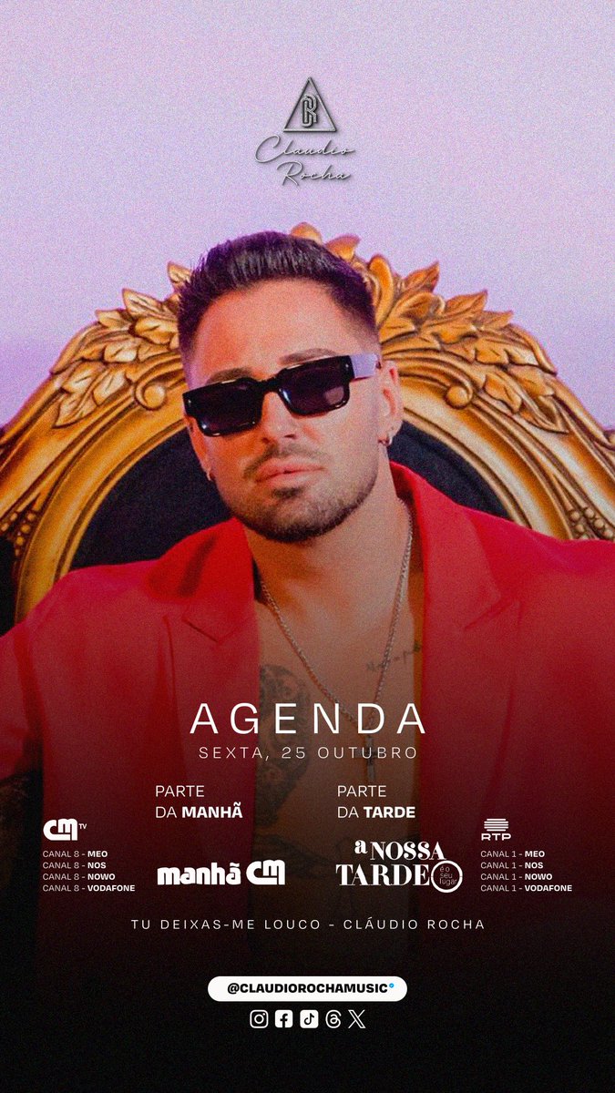 claudiorocha__'s tweet photo. AGENDA, SEXTA 25 OUTUBRO 🔥

PARTE DA MANHÃ:
@manhacm_cmtv  na @cmtvoficial 

PARTE DA TARDE 
@anossatarde.rtp na @rtppt 

#claudiorochamusic #tudeixasmelouco https://t.co/2eP2mTF0Qs