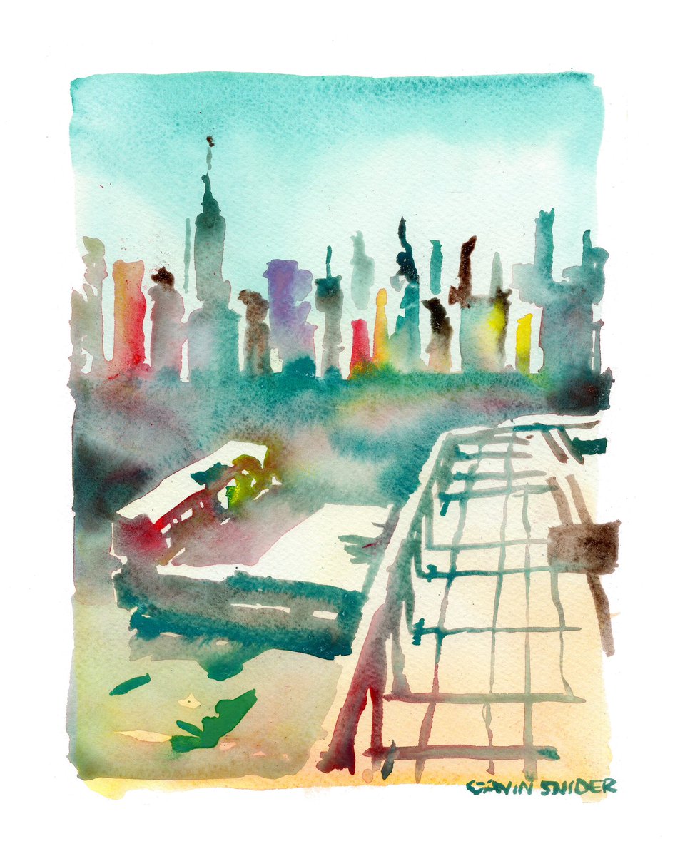 GavinSnider's tweet photo. I spent the summer painting skylines with @gethappymedium. Here are five studies from the Greenpoint waterfront workshop, painted once a month from June through October. https://t.co/fJXvKmscfp