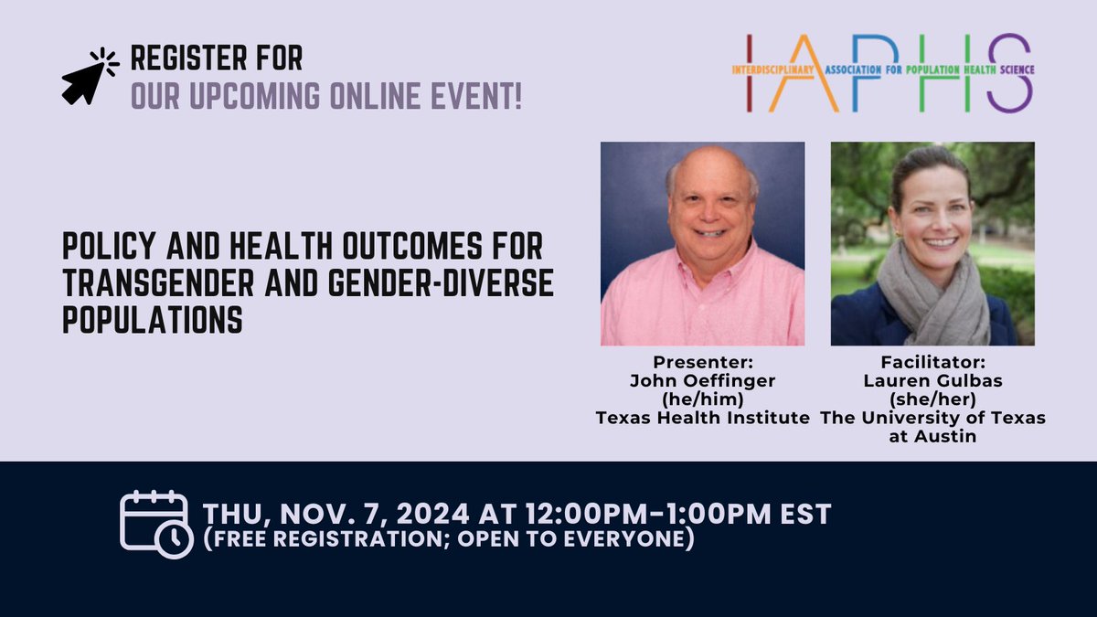 ia4phs's tweet photo. 🗓️Join us on Nov 7th to discuss the health and policy implications of the upcoming election on transgender and gender-diverse populations. #pophealth Register => https://t.co/Xxr3J19tkr https://t.co/r0ufh4JHav