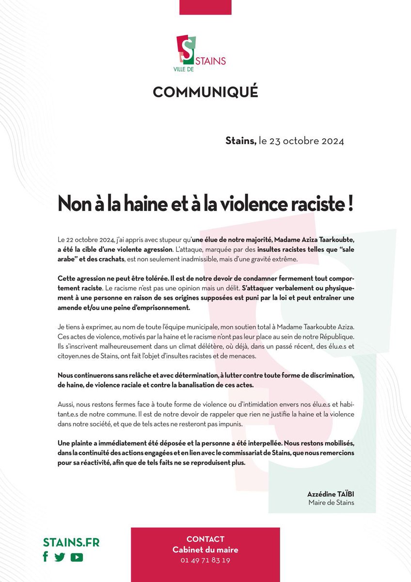 #Stains refuse la haine et la violence raciste🤢