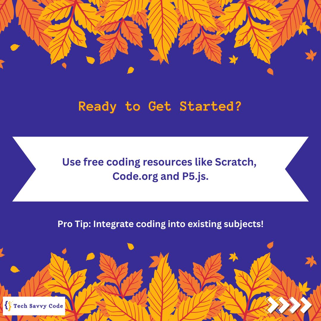 TechSavvyCode's tweet image. Fall is the perfect time to bring new energy and creativity into your lessons! I’m sharing fun and engaging ways to introduce coding into your classroom. Swipe through to see how you can make this fall a season of learning and growth with coding. #TeachCS #CSForAll #coding