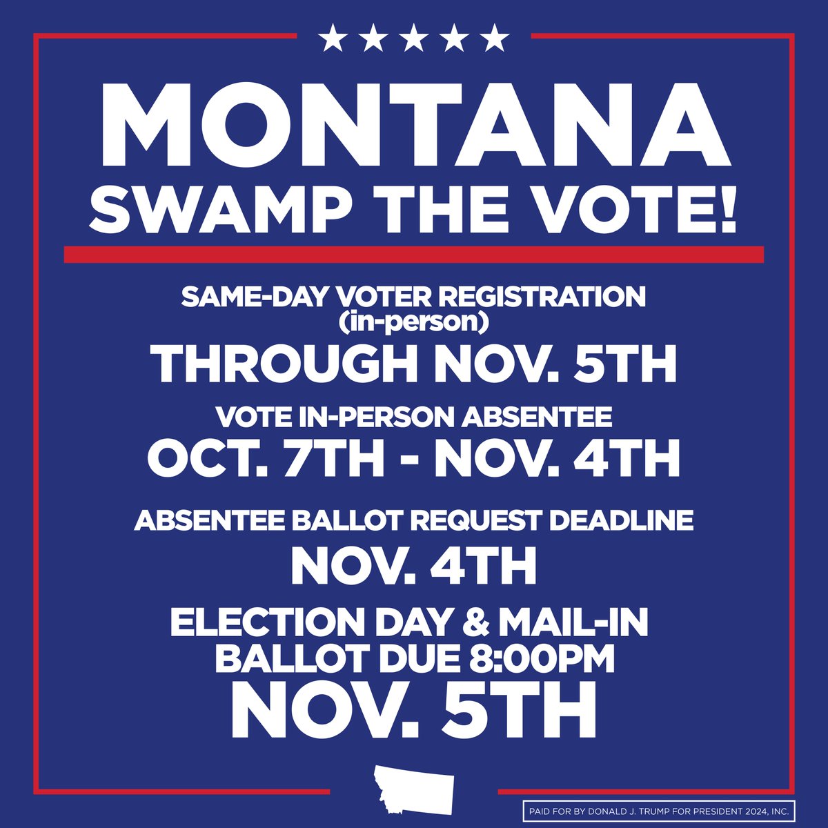 TeamTrump's tweet photo. 🚨 MONTANA! You can now early vote in person or request an absentee ballot! Make sure you're registered to vote! #SwampTheVote

https://t.co/wtGmZ9zn8i https://t.co/0AtPAQCbUP