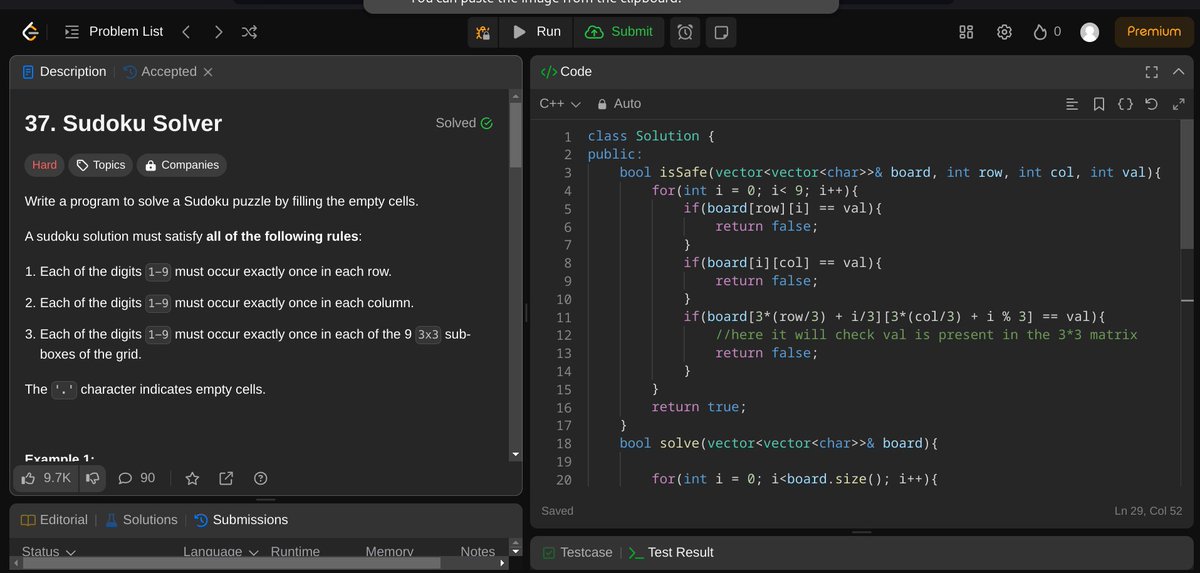 khalekarakash05's tweet photo. Just solved the 'Sudoku Solver' problem! 🧠🔢 Filled in the puzzle using recursion and backtracking. Rows, columns, and 3x3 boxes—nothing left blank!🕵️♂️💻 #Coding #Recursion #Backtracking #LeetCode #AlgorithmChallenge #TechJourney #MERNStack #ProblemSolved #100DaysOfCode #CODERED https://t.co/5jvNIru4kj