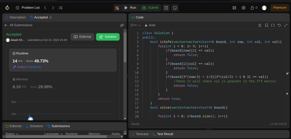 khalekarakash05's tweet photo. Just solved the 'Sudoku Solver' problem! 🧠🔢 Filled in the puzzle using recursion and backtracking. Rows, columns, and 3x3 boxes—nothing left blank!🕵️♂️💻 #Coding #Recursion #Backtracking #LeetCode #AlgorithmChallenge #TechJourney #MERNStack #ProblemSolved #100DaysOfCode #CODERED https://t.co/5jvNIru4kj