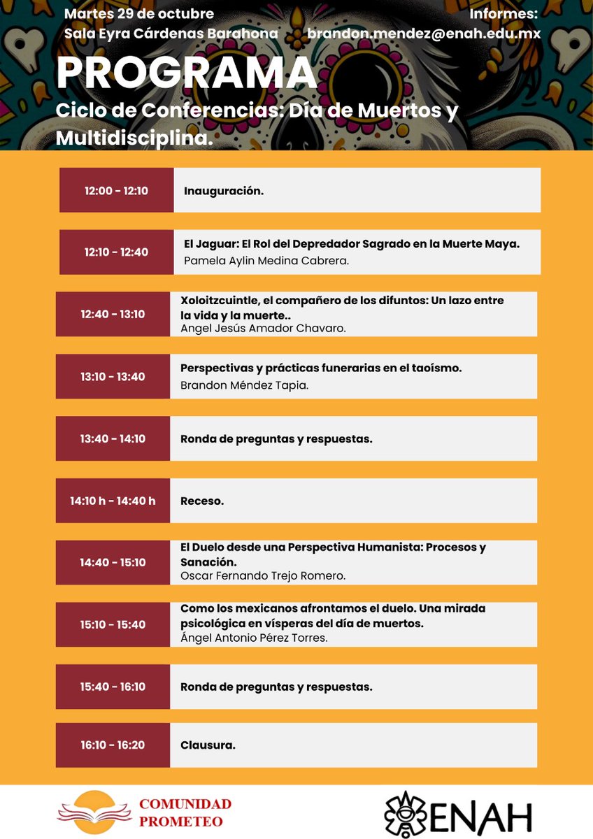 Com_Prometeo's tweet photo. El próximo martes tendremos el primer Ciclo de conferencias: Día de Muertos y Multidisciplina, en las instalaciones de la @ENAHoficial_dif. Les invitamos a acompañarnos y reflexionar sobre estos temas que nos acercan a nuestras tradiciones y a otras perspectivas  de la muerte. https://t.co/gswHtZSMFl