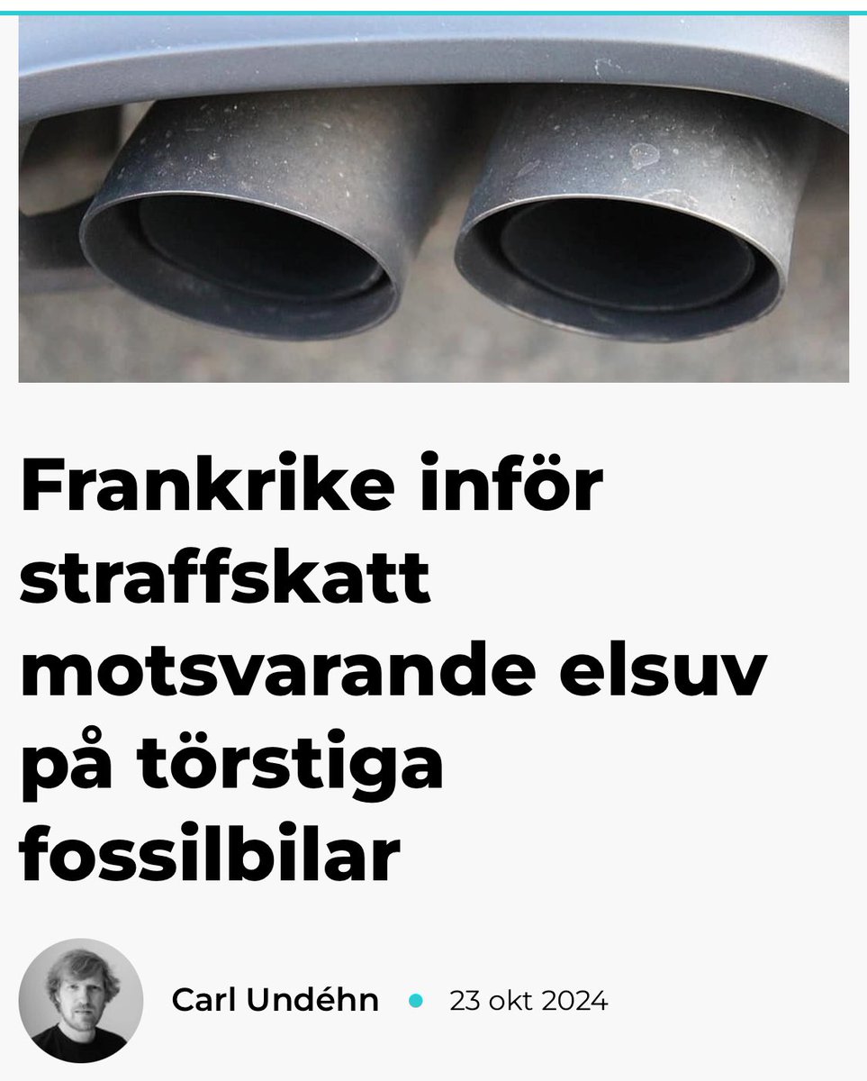 Frankrike höjer skatten ännu mer på de törstigaste nya dyra fossilbilarna, för att finansiera klimatbonusen till billiga elbilar. Bra! Att ställa om ska löna sig. Att förstöra planeten ska kosta

elbilen.se/nyheter/frankr…