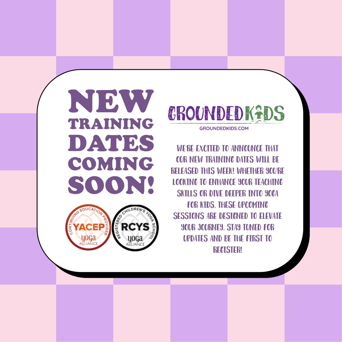 GroundedKids's tweet photo. 📷 Exciting news! We’ll be posting our NEW training dates this week! 📷 Get ready to take your practice and teaching to the next level with our upcoming sessions. Stay tuned for all the details—you won’t want to miss it! 📷📷
#NewTrainingDates #GroundedKids #YogaEducation https://t.co/QqSfz42snb