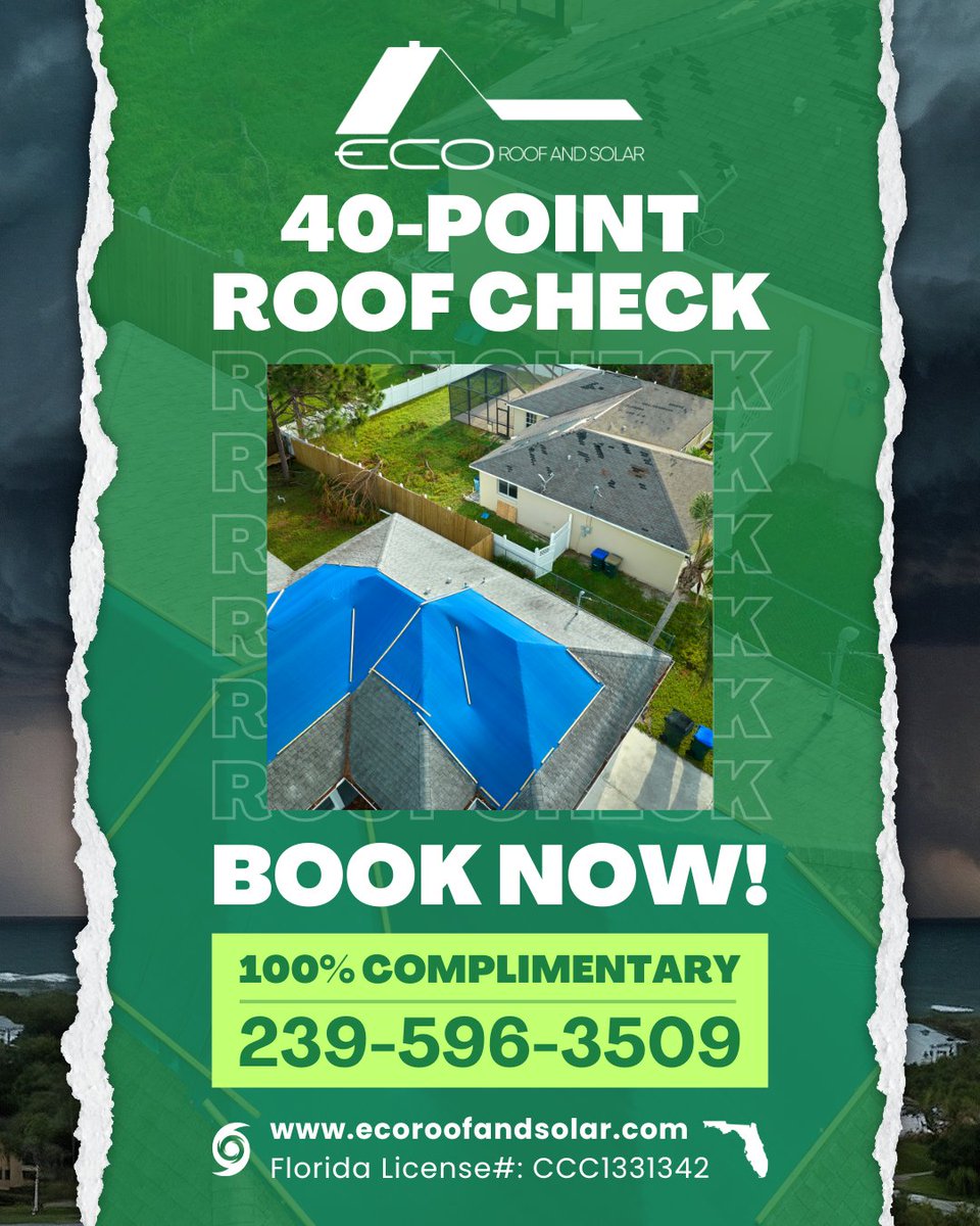 ecoroofandsolar's tweet photo. Post-Hurricane Milton Roof Inspection! ✅

Hurricane Milton hit two weeks ago—schedule your 40-Point Roof Check to ensure your roof is secure and damage-free.

🏠 Call ECO Roof and Solar: 239-596-3509
🌐 Book online: https://t.co/Jbbx4IyvHI
#HurricaneMilton #Roofing #Florida https://t.co/QhBxEGPUE9