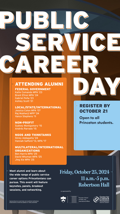 Princeton School of Public & International Affairs (@princetonspia) on Twitter photo THIS FRIDAY: PUBLIC SERVICE CAREER DAY
Co-sponsored by Princeton SPIA and <a href="/princetoncareer/">Center for Career Development at Princeton</a>, learn about the wide range of public service career options Princetonians can pursue. careerdevelopment.princeton.edu/events/public-… THIS FRIDAY: PUBLIC SERVICE CAREER DAY
Co-sponsored by Princeton SPIA and <a href="/princetoncareer/">Center for Career Development at Princeton</a>, learn about the wide range of public service career options Princetonians can pursue. careerdevelopment.princeton.edu/events/public-…