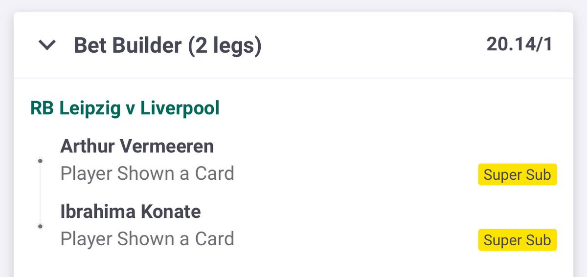 MCTIPSTERS's tweet photo. RB LEIPZIG🇩🇪VS🏴LIVERPOOL BET BUILDERS⚽️🟨🟥
Good luck!🔞
#LeipzigLiverpool
#ChampionsLeague
#GamblingX https://t.co/AoWXYXxdBU