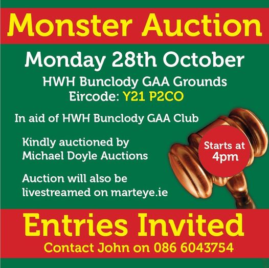 Monster Auction in aid of the Development of facilities at Half Way House Bunclody GAA, LGFA and Bunclody Camogie Club
Get all the latest news on the Half Way House Bunclody GAA Club app member.clubspot.app/club/hwh-buncl…