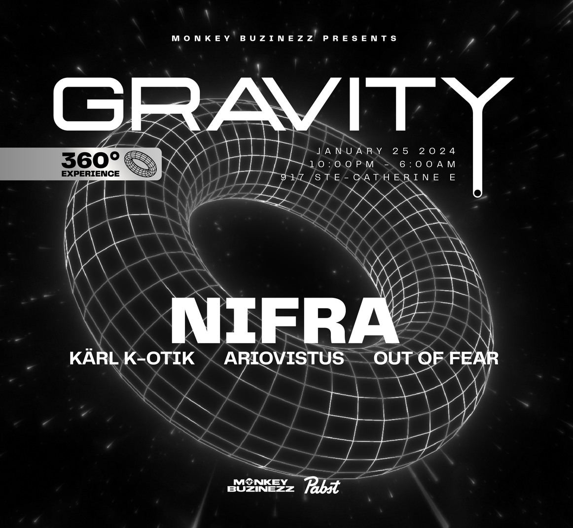 BOOOOOOOOOOOOMMMMMMMMMMMM

📷NEW ANNOUNCEMENT📷

Chaos... more chaos...

Monkey BuzinezZ pres. Gravity 360 with Nifra - Jan. 25th, 2025 from  10PM to 6AM @ with:
Nifra - DJ kärl k-otik - Ariovistus - Out Of Fear

Tickets:
monkeybuzinezz.com

Chaos is coming... to Gravity...