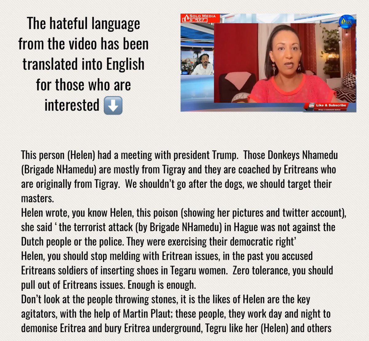Justice4_Tigray's tweet photo. It is crucial to prioritize the safety of human rights defender Helen Brhane. #Canada should take steps to address these threats &amp; ensure her protection.

♎#Justice4Helen
↗️#BoycottSOLO_MEDIA youtube 

@Yvan_Baker
@j_maloney
@viraniarif 
@YaaraSaks
@JudySgroMP
@handongontario https://t.co/UWwPvWvoZo