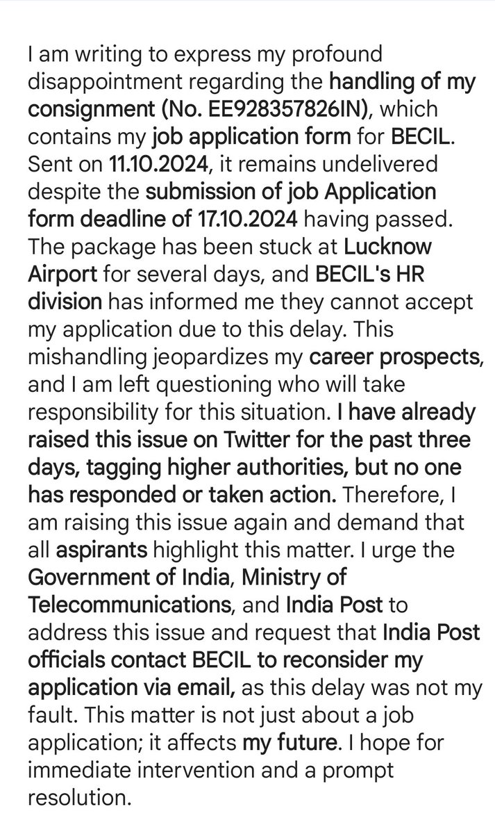 Inderje36823522's tweet image. 🚨 Help! My job application (EE928357826IN) is lost due to India Post! BECIL won't accept it now. 3 days of tagging officials with no response. Aspirants, let's raise this issue! #Aspirants #IndiaPostFail @narendramodi @PMOIndia @JM_Scindia @IndiaPostOffice @BECIL_India @ANI