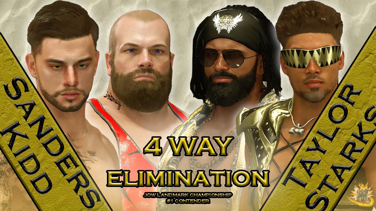 JOW (@jowrestling2k) on Twitter photo MAIN EVENT
SINGLES:
RJ Kidd (<a href="/Rj_Kidd_Brand/">RJ Kidd</a>) vs Nathan Sanders (<a href="/Dominator2691/">The Dominator Nathan Sanders</a>) vs Chris Taylor (<a href="/ChrisTaylorCAW/">The STANDARD</a>) vs Mikey Starks (<a href="/ALLELITEMIKEY/">MIKEY</a>) 4-Way Elimination JOW Landmark Championship #1 Contender Match
Who will be next in line to challenge Architect Melo for his title? MAIN EVENT
SINGLES:
RJ Kidd (<a href="/Rj_Kidd_Brand/">RJ Kidd</a>) vs Nathan Sanders (<a href="/Dominator2691/">The Dominator Nathan Sanders</a>) vs Chris Taylor (<a href="/ChrisTaylorCAW/">The STANDARD</a>) vs Mikey Starks (<a href="/ALLELITEMIKEY/">MIKEY</a>) 4-Way Elimination JOW Landmark Championship #1 Contender Match
Who will be next in line to challenge Architect Melo for his title?