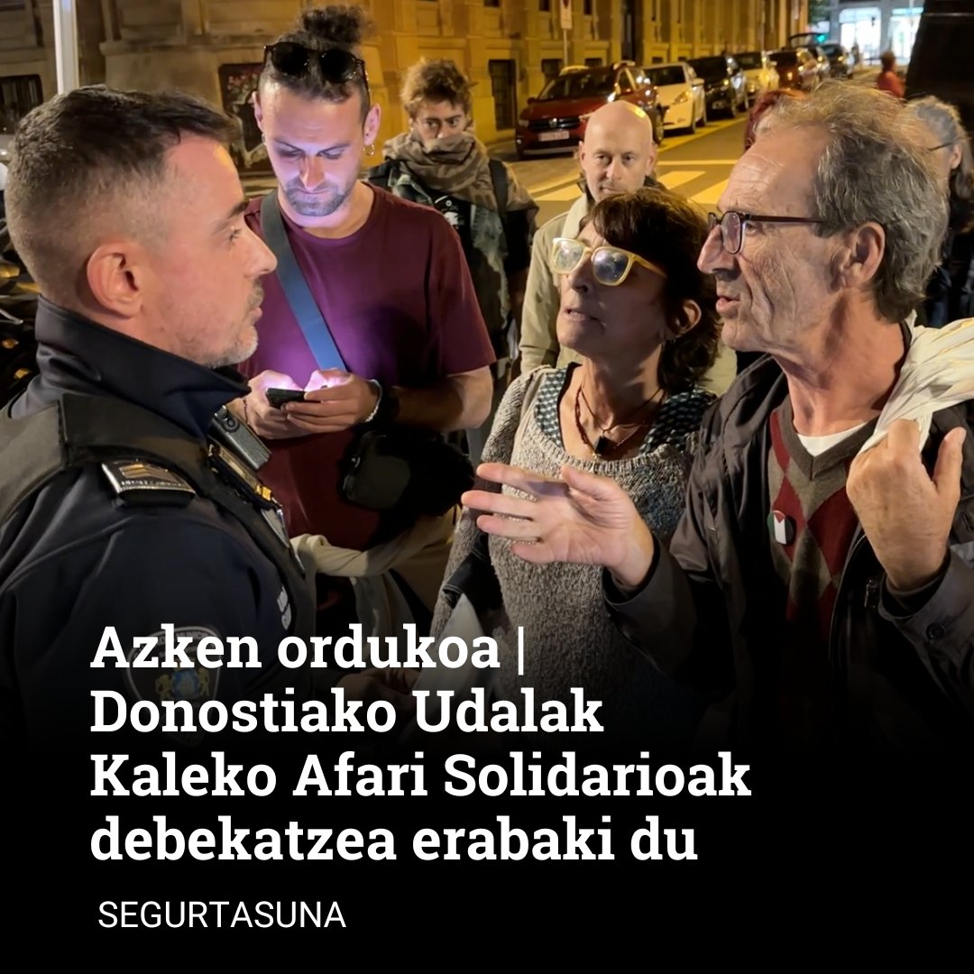 Larria. "Segurtasunaren" izenean, Kaleko Afari Solidarioak debekatzea erabaki du Donostiako Udalak. Gaur bertan eman diete udaltzainek notifikazioa ahoz, eta bihartik aurrera ezingo dute Egian afaririk eman. 

🔗irutxulo.hitza.eus/2024/10/23/don…