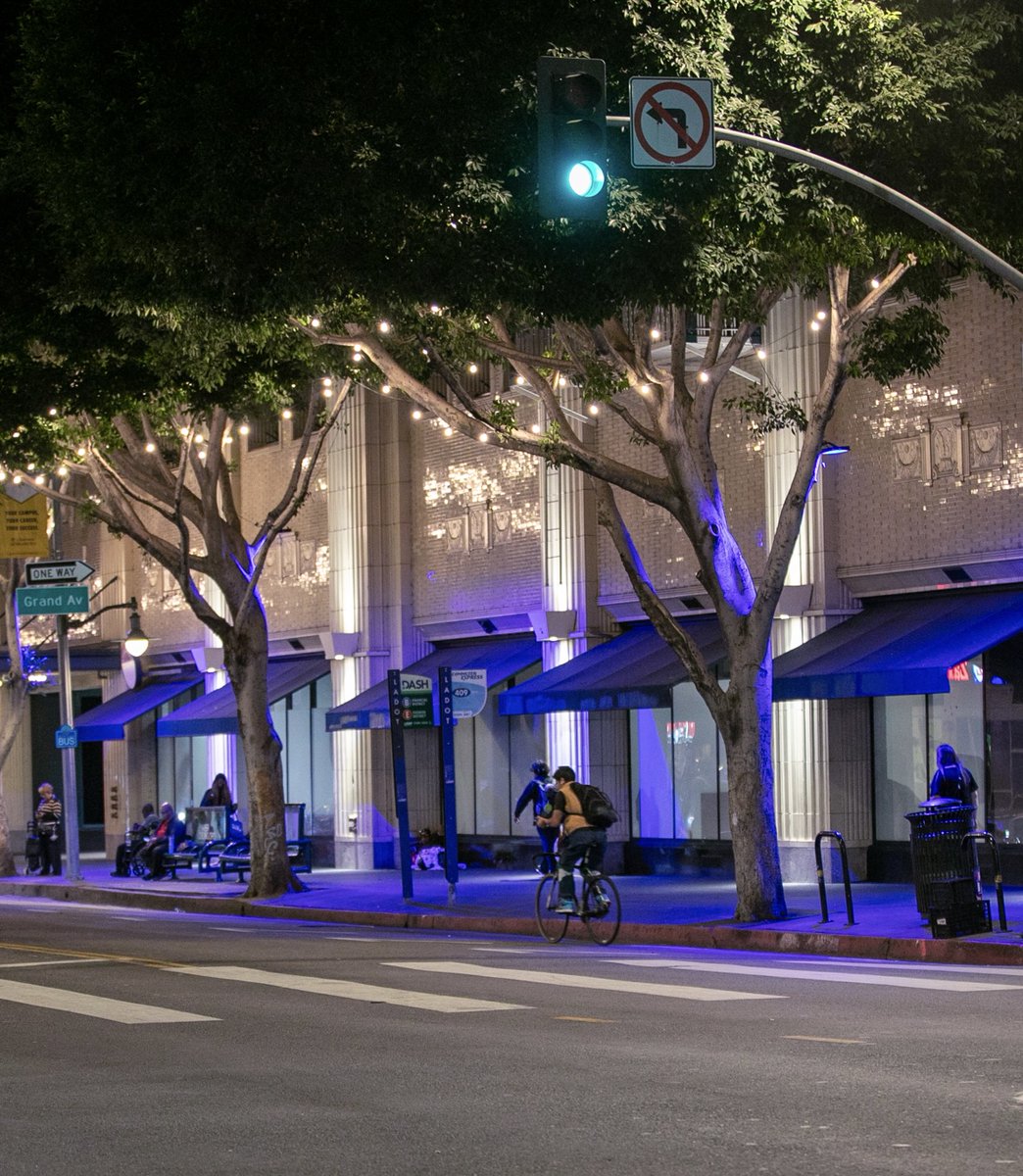 downtown_la's tweet photo. Have you seen 7th Street Restaurant Row's new glow yet?! Just last week, we flipped the switch on new lighting in nearly 30 trees along 7th Street, from Hill to Figueroa, and bathed Downtown in @Dodgers Blue! You can catch our Dodgers-themed lighting through the World Series run! https://t.co/BawTWbPhUD