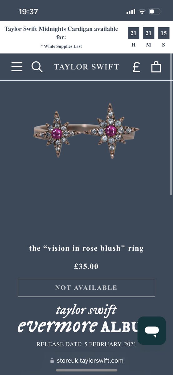 evermoremily's tweet photo. Taylor Swift randomly on a Wednesday re stocking the vision in rose blush ring. With it selling out in under 2 minutes and I somehow managed to bag one il never know but this might be an official act from God  
#taylorswiftmerch https://t.co/QlwtWzebZh