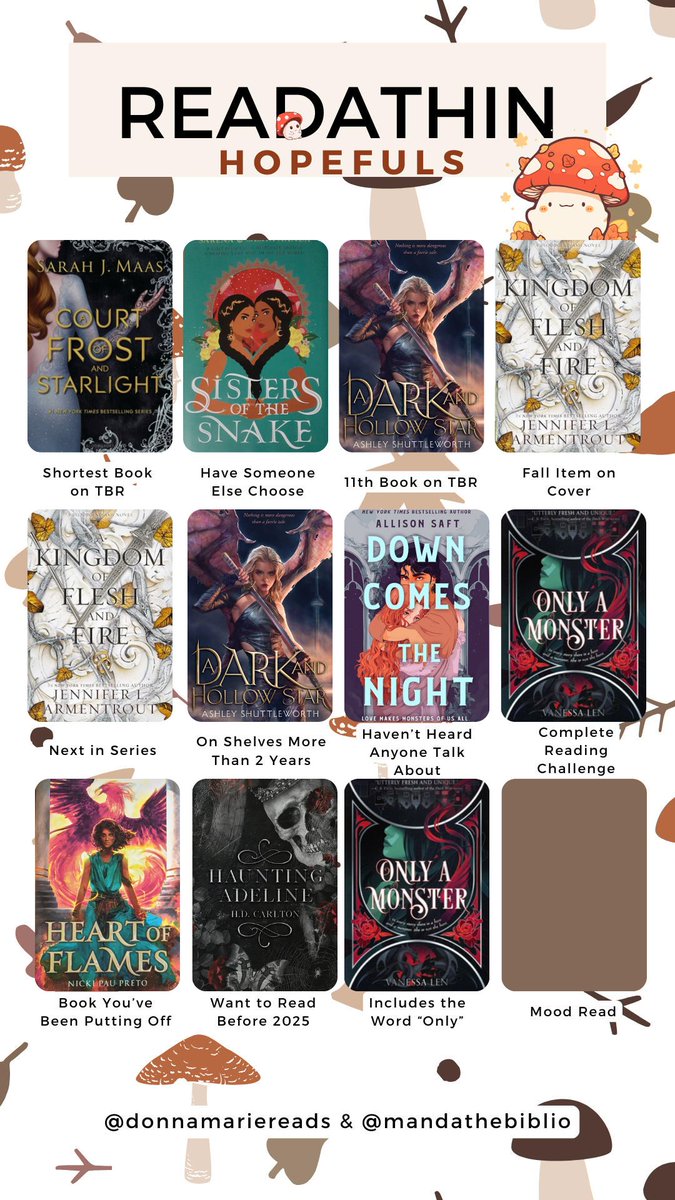 Have you chosen your tbr yet? or any hopefuls you want to read? When do you usually plan your reading month?

Here is my hopeful reads for Readathin next month.
