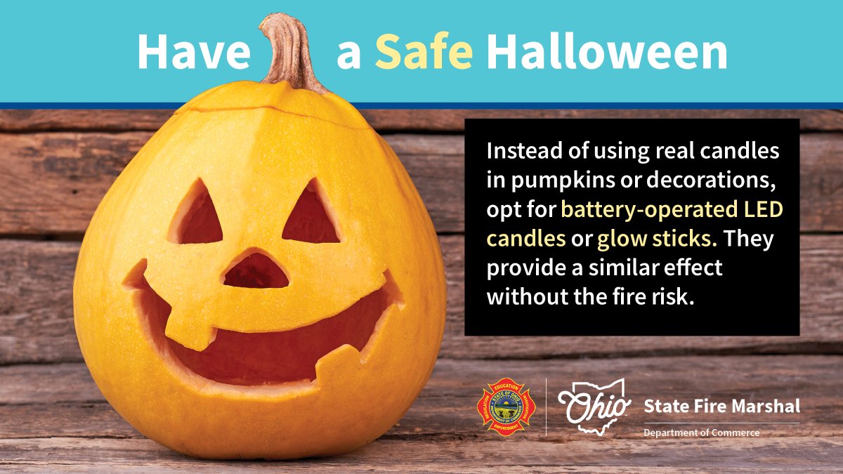Get in the Halloween spirit without the fire risks! 🎃 Instead of using real candles in your pumpkins and decorations, swap them out for battery-operated LED candles or glow sticks. 🔥🕯️ com.ohio.gov/education-and-…