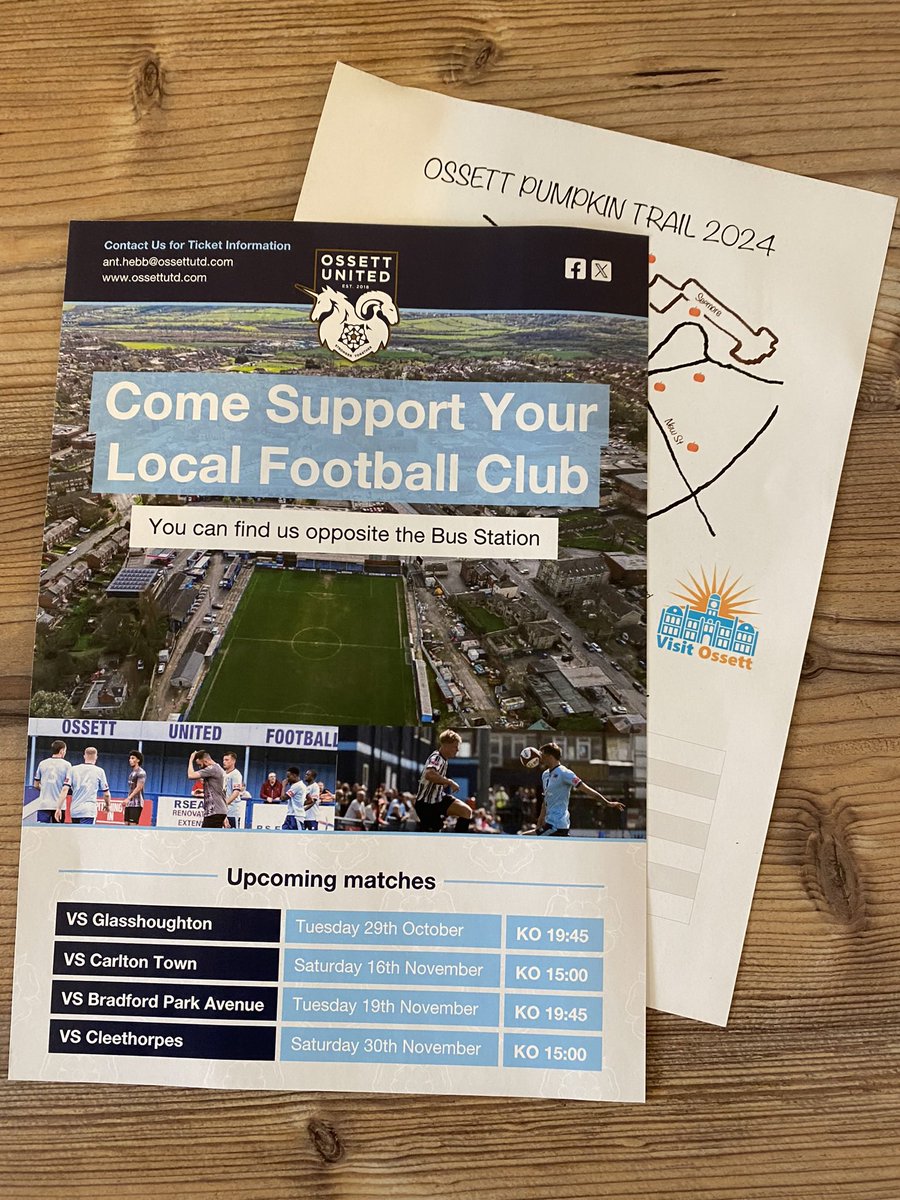 Thanks <a href="/OssettUnited/">Ossett United FC</a> for helping with the printing of this year’s pumpkin trail map in #Ossett  -  pick up yours from <a href="/ellercoffee/">Mark Ellerker</a> this Saturday. Trail open 10-2 free entry and sweeties for all completed maps.