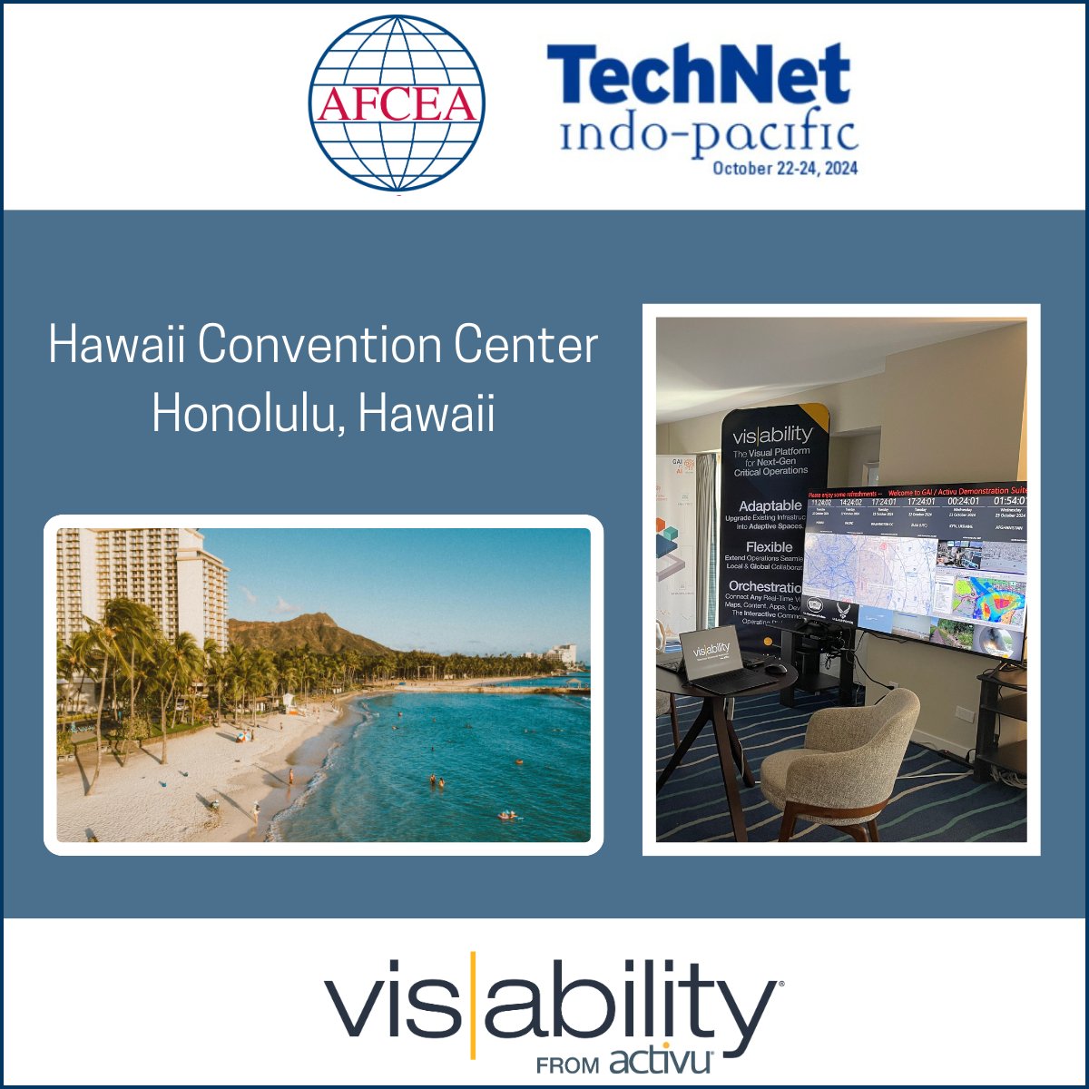 Activu's tweet photo. 🌴We're in #Hawaii for the @AFCEA #TechNetIndoPacific Event! After decades of refining visualization & collab tech, vis/ability separates signal from noise to deliver real time, mission critical data to #ControlRooms, #CommandCenters, & mobile teams. https://t.co/FlaBywQ7Vp https://t.co/iThpDeGAV2