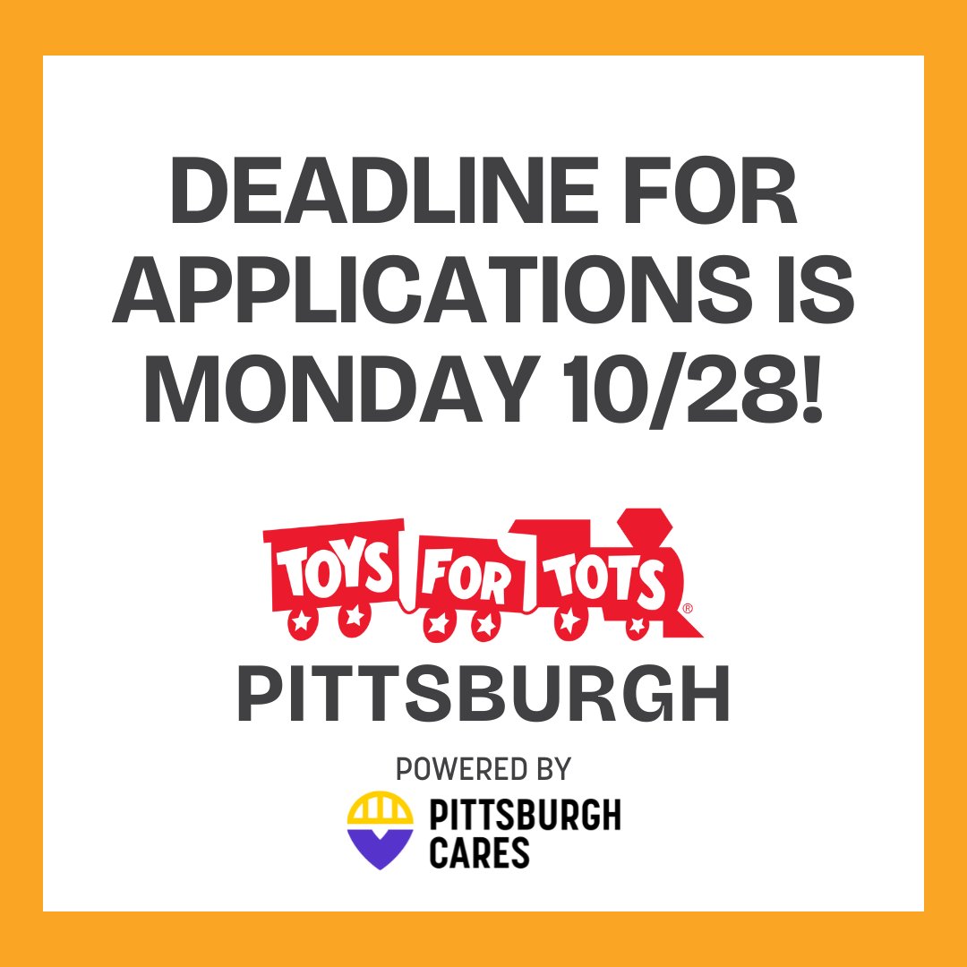 A  reminder that applications to receive toys this season are due Mon,  10/28! We welcome all nonprofit organizations to apply here - pittsburgh-pa.toysfortots.org